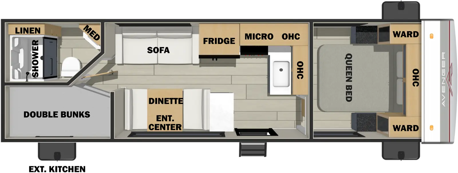 The Avenger 25BKLE floorplan has one entry and zero slide outs. Exterior features include: metal exterior and outside kitchen. Interiors features include: bunk beds and front bedroom.